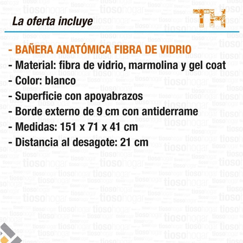 Bañera Fibra 150x70 Reforzada Anatomica Anatomica Apoyabrazo