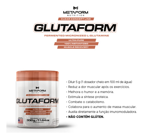 Glutamine L-glutamina 100% Pura Sem Sabor 330g - Metaform