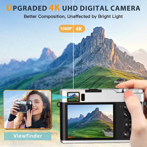 Cámara digital 4K con visor y flash, cámaras de enfoque automático de 48 MP  para fotografía, vlogging, cámara compacta de viaje para adultos y