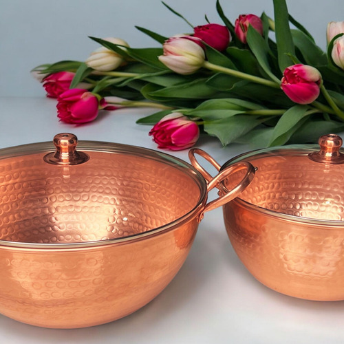Tacho De Cobre Puro 12 Litros Com Tampa De Vidro Alças Cobre