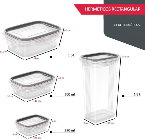 4 Hermeticos Rectangulares Pro Mix Bicolor Con Broches Gris