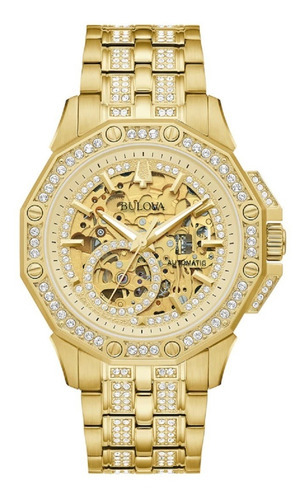 Reloj automático Bulova OctaCrystal 98a292 para hombre, color de correa dorado y bisel dorado, color de fondo dorado