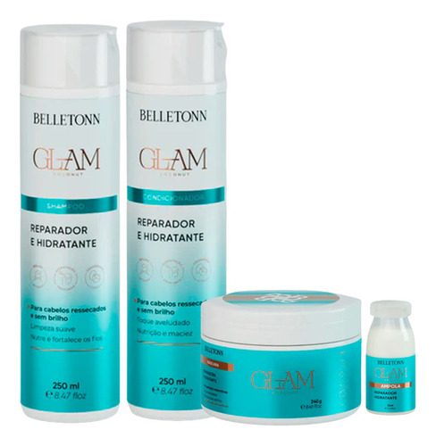 Kit Shampoo Condicionador Máscara Ampola Glam Coco Belissè
