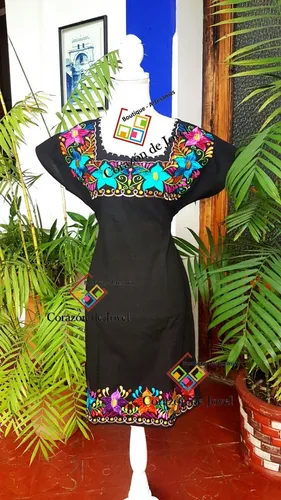 Vestido Chico Artesanal negro Bordado Flores De Chiapas Cuotas