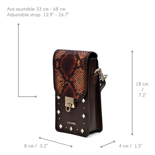 Bolso Porta Celular Cuadra Dama En Piel Pitón Café Acabado de los herrajes Dorado Color Chocolate Color de la correa de hombro Chocolate