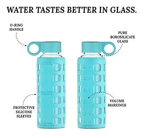 Purifyou Premium Glass Water Bottle with Silicone Sleeve & Stainless Steel Lid Insert, 12 oz, Aqua Blue