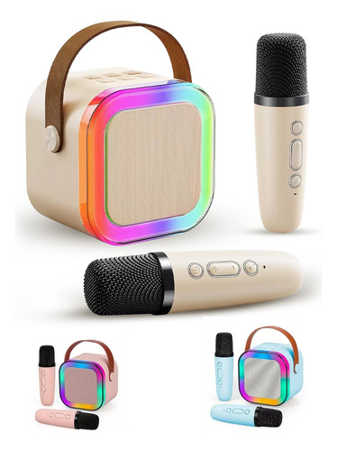 Mini Karaokê S/ Fio 2 Microfones Caixinha Som Led Bluetooth Cor Rosa