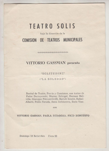 1965 Teatro Solis Programa Vittorio Gassman Con Solitudine