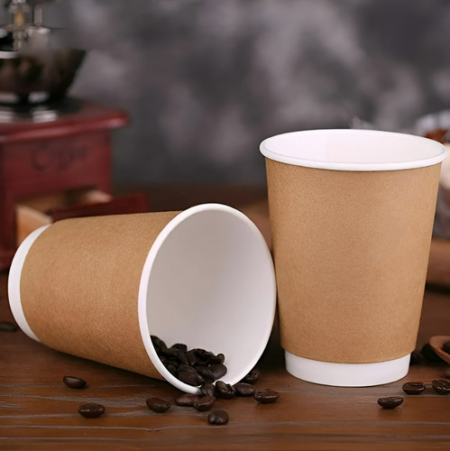 Set 100 Vasos Desechables Kraft Vaso Doble Pared C/tapa 8oz