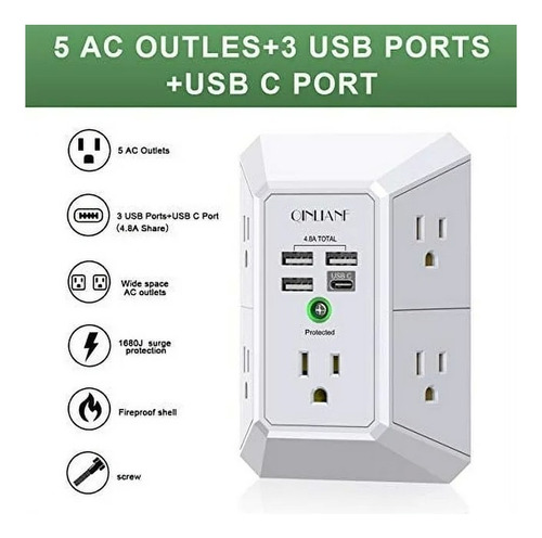 Toma Electrica Superf 120ac 15a 4x Usb 1680 Joules, 3x Usb-a