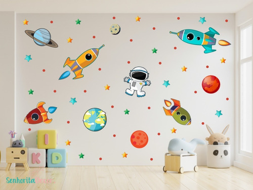 Adesivo De Parede Infantil Planetas Astronauta Foguetes 