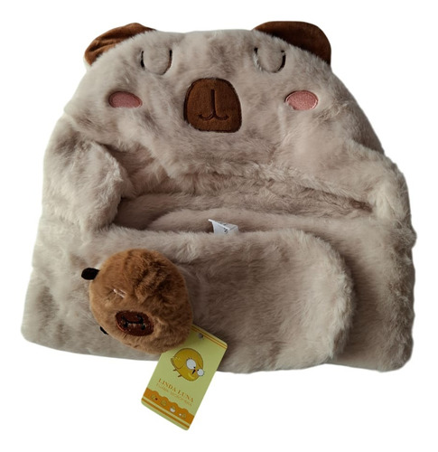 Gorra Capibara Carpincho Peluche De Invierno Con Semibufanda W. Beige 4 A 12 Años Capibara