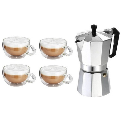 Cafetera Italiana Acero 9 Pocillos + 4 Tazas Doble Vidrio