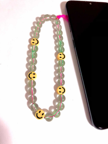 Strap Para Celular Happy Face Y Cuentas Transparentes