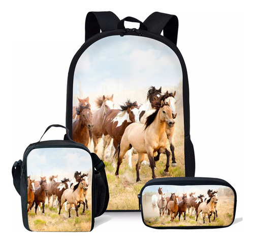 Conjunto De 3 Mochilas Escolares Com Estampa De Cavalo E Pôn Cor 2