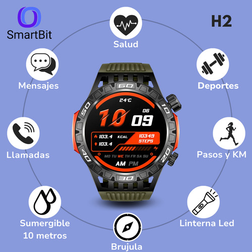 Reloj Inteligente Hombre Sumergible Smartbit H2 Verde Smartwatch Redondo Llamadas Militar 1 Atm Acuatico Mensajes Linterna Led Compatible Con Android E Ios Film Hidrogel