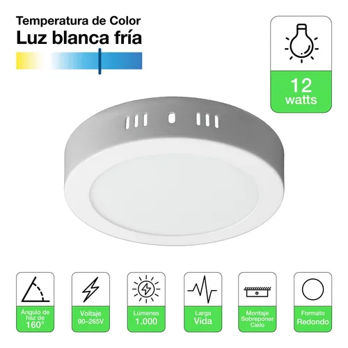 Panel Led Foco Plafón Sobrepuesto Redondo 12w 16cm Luz Fría