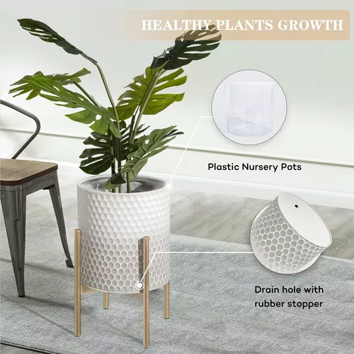 Oakrain Macetas de mediados de siglo para plantas de interior, juego de 2  macetas de metal, modernas macetas decorativas para sala de estar, jardín