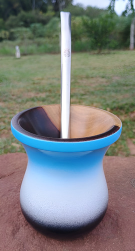 Kit Mateira Chimarrão Grêmio + Cuia E Bomba + Térmica 1l Cuia Madeira Imbuia