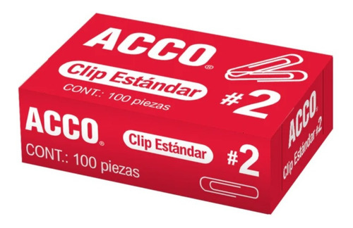 Clipe padrão nº 2 Acco 27,5 mm, 10 caixas com 100 clipes, cada cor prateada