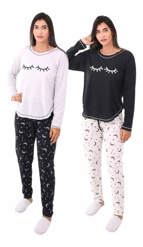 Pijama Longo Inverno Frio Estampa Cílios Blusa Calça