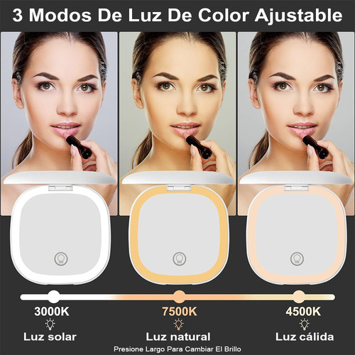 Espejo Mano Mini Led Espejo Maquillaje 3 Tonos Color Ajustab Blanco