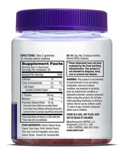 Imagen 2 de 3 de Natrol Sleep Calm | Melatonina & L-teanina | 60 Gomitas
