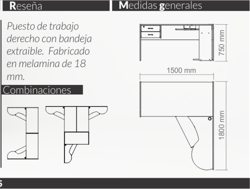 Escritorio Puesto De Trabajo Oficina 2 Caj 150cm 18mm 915 Negro