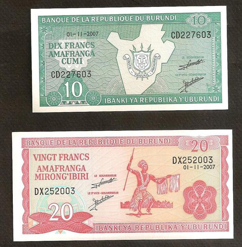 Dos Billetes De Burundi 10 Y 20 Francs Unc (c85)