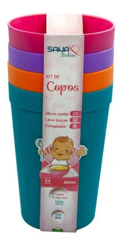 Kit Com 4 Copos Infantil Coloridos 380 Ml Festa Sana Babies