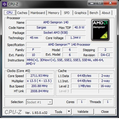 Processador Amd Sempron 140 2.70 Ghz Am3 Soquete Am2+ Am3