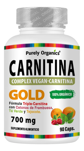 Carnitina Gold. Purely Organics, 90 Cápsulas. Sabor Sin sabor