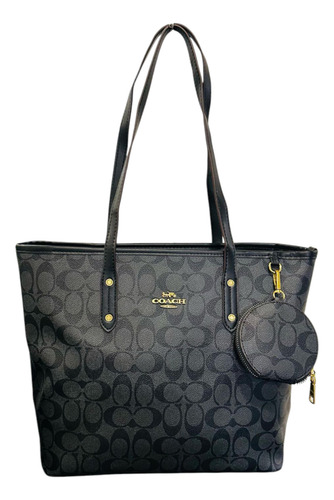 Bolsa De Dama Totebag Con Monedero Negra Lisa Oro