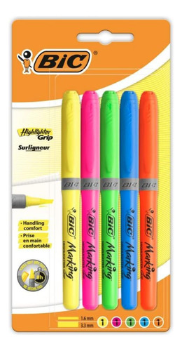 Bic Highlighter Grip, Resaltadores Con Punta Cincel, Larga Y