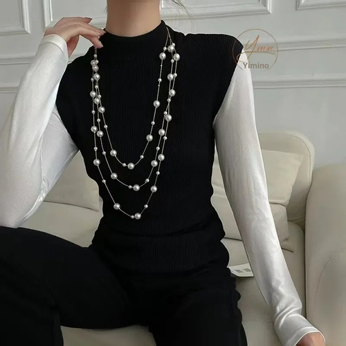 Collar Largo Con Cadena De Suéter De Perlas Para Mujer, Esti