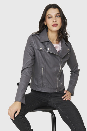 Chaqueta Biker Ecocuero Corta Gris Nicopoly