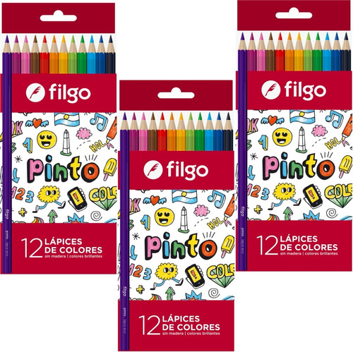 3 Caja 12 Lápices Colores Surtidos Filgo Pinto Largos Resina