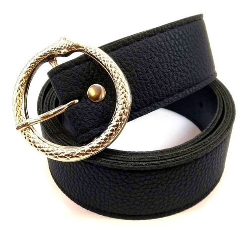Imagen 1 de 7 de Cinturon Negro Blanco Mujer Eco Cuero Hebilla Serpiente 33mm