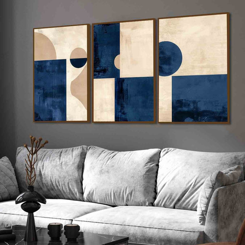 Kit 3 Quadros Decorativos Geométrico Bege Azul Com Moldura