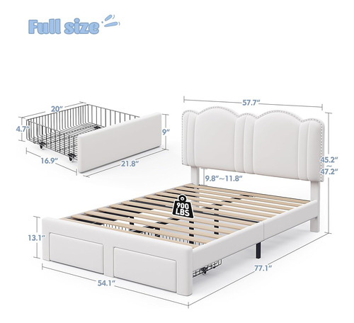 Base De Cama Enhomee C/cajones & Luces Led Matrimonial Crema