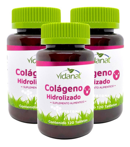 Colágeno Hidrolizado Vidanat 120 Tabletas (3 Frascos) Sabor Sin Sabor