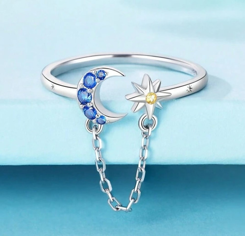 Anillo Mujer De Plata S925, Ajustable, Luna Y Estrella, Pavé