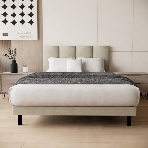 Cama Recamara Base Box Madera Tapiz Napole Matrimonial Beige Urbano