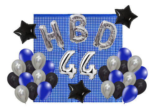 Globos Para Cumpleaños Hbd 80cm Plata Cortinas Azul Numeros