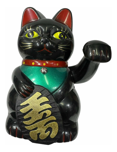 Gato Negro De La Fortuna Suerte Maneki Neko Con Pila 16 Cm