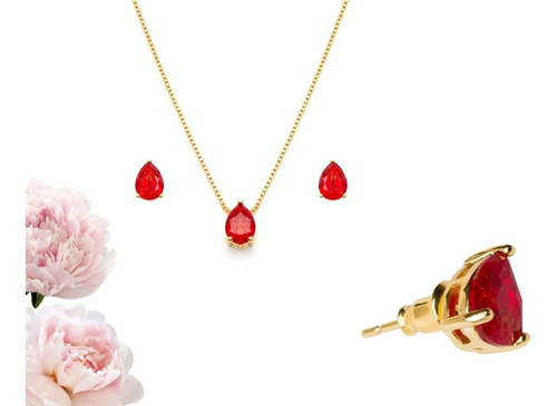 Imagem 2 de 6 de Conjunto Colar E Brincos Gota Banhado Fusion Luxo + Brinde