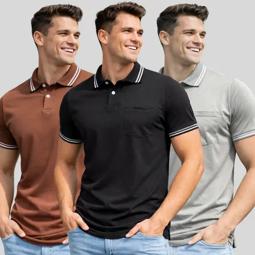 Kit 3 Camisas Polos Masculinas Slim Com Bolso 100% Algodão 1 Preta / 2 Sortidas Liso G