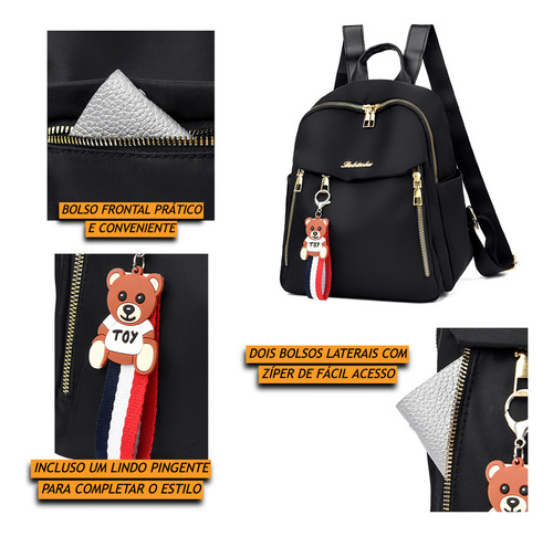 Mini Bolsa TokShop Mochila Feminina Pequena De Costas Com Chaveiro Cor Preto Desenho Do Tecido Liso Com Detalhes Exclusivos