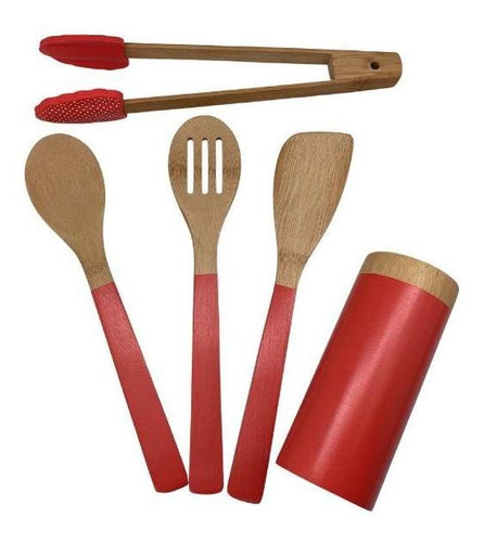 Jogo De Utensílios Em Bambu E Silicone Zahav Vermelho 5 Peça