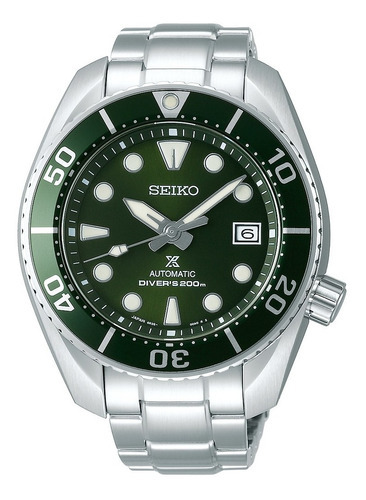 Reloj Seiko Prospex Automatic Diver 200m Sumo Green Spb103j1 Color de la malla Plateado Color del bisel Verde Color del fondo Verde